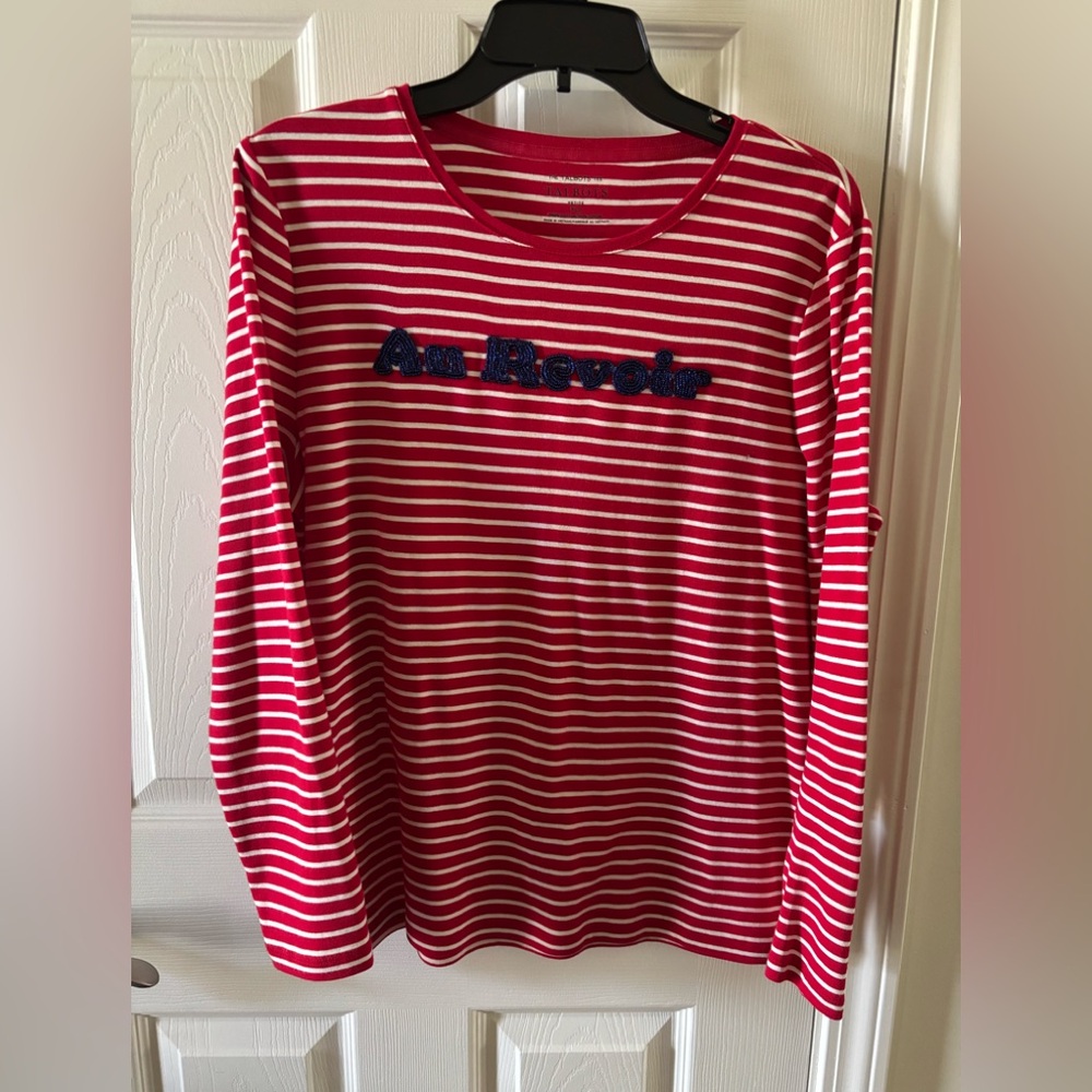 Talbots red/white stripe long sleeve top with blue beads spell Aur Revoir XLP